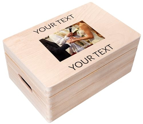 Creative Deco Personalisierte Geschenke Wunschtext + Foto Fotogeschenke | Holzkiste | dein Eigenes Bild Individuelle Geschenk JGA | Geschenkkiste Geschenkbox für Frauen, Männer Paar | 30 x 20 x 14 cm