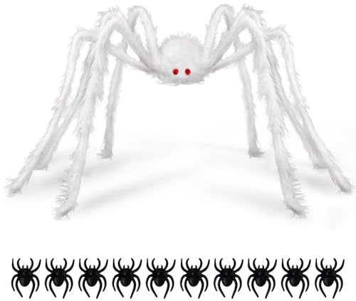 AYNKH Decoraciones de Halloween, araña peluda gigante de 35 pulgadas con 10 mini arañas negras, accesorios falsos para interiores y exteriores, fiesta temática de telaraña, patio, casa encantada,