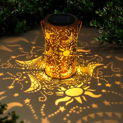 Solar Lanterns Outdoor Hanging Lantern Lights,Sun Moon Metal Decor Lanterns-Waterproof LED Decorative Light for Garden Patio Yard Lawn Backyard Front Porch as Gifts for Mom Grandma Women