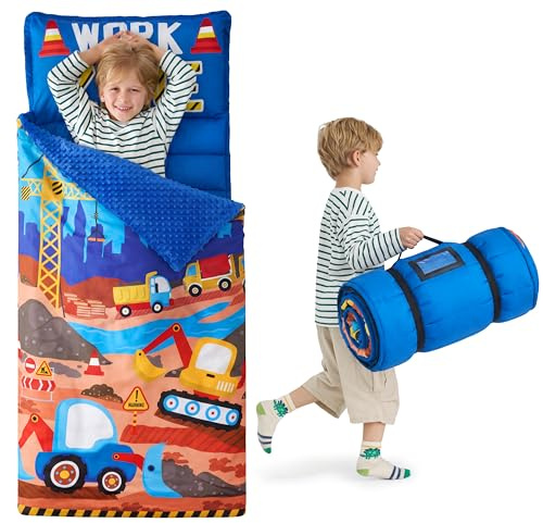 Joiedomi Tapis de Couchage pour Tout-Petits avec Oreiller et Couverture, Tapis de Couchage Enroulable pour Le Milieu préscolaire, pour garçons et Filles, Maternelle, Nuit de 3 à 7 Ans (Bleu Clair)