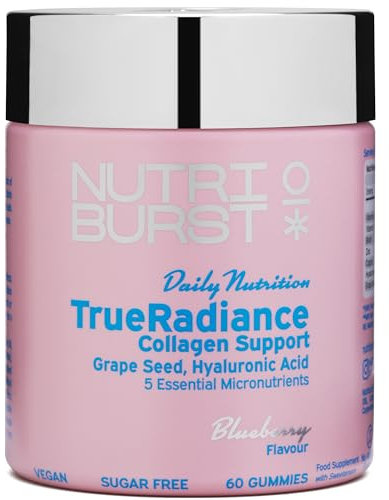 Nutriburst - TrueRadiance Collagen Support Gummies for Healthy Hair, Skin & Nails - Biotin (100µg), Hyaluronic Acid (50mg), Vitamin A (400µg) + Vitamin C (80mg) - 60 Gummies 1 Month Supply
