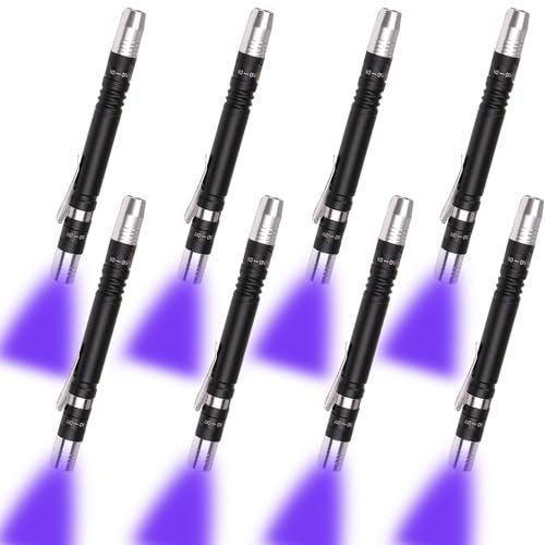 MVIOCS Confezione da 8 torce UV da 395 nM, luce nera, torcia a LED con luce bianca e UV, luce nera, rilevatore di urina per cane/gatto, macchie secche, polimerizzazione in resina, cimici dei letti