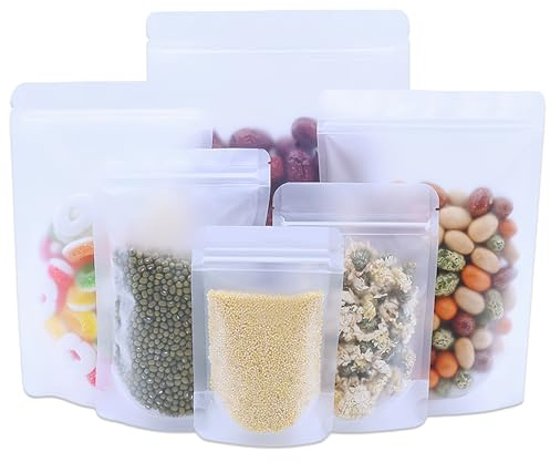 50Pcs Clear Frosted Plastic Bags,Ziplock Food Pouches Stand Up,14x20cm | Thicken Resealable Sweet Pouches,Reusable Zip Bags with Tear Notch ,Sealable Food Storage Baggies