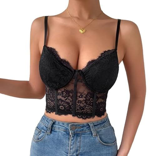 Haibang Women's Lace Corset V Neck Crop Top - Spaghetti Strap Backless Slim Fit Camisole With Mesh Bustier - Sleeveless Tank for Party Clubwear