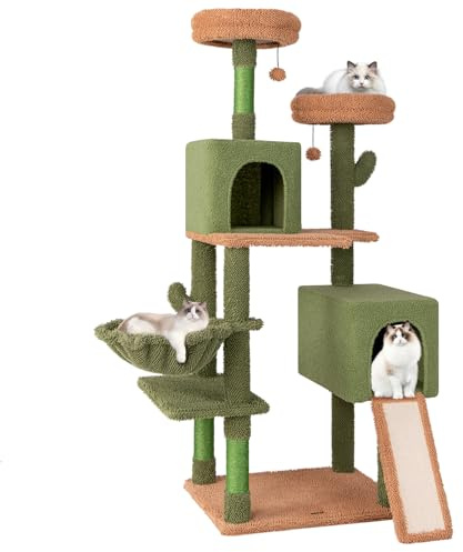COSTWAY Cat Tree, 160cm Cats Climbing Tower with Sisal Scratching Posts & Board, Condos, Hammock, Hanging Toys, Multi-level Kitty Activity Center for Indoor Cats