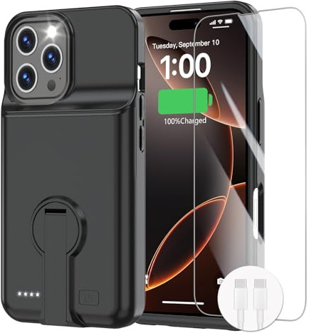 GIN FOXI Akkuhülle für iPhone 16 Pro, Ladehülle mit Halterung, 8000 mAh, wiederaufladbares Ladegerät, ultradünn, Anti-Fallschutz, erweiterter Akku, Saftbox für iPhone 16 Pro 6,3 Zoll, Schwarz