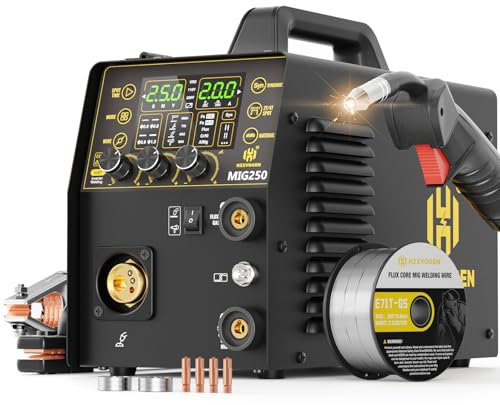 H HZXVOGEN Saldatore MIG in alluminio, 250A 5 in 1 Gas/Flux Core Gasless MIG/Lift TIG/Stick/Spot/Spool Gun Welder Machine, 110/220V Controllo Sinergico con Display Digitale LED, Regolazione Burn Back