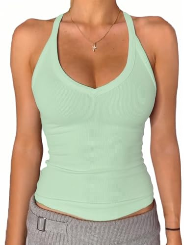 Danysu Damlinne med v-ringning, racerback, vadderat, ribbat, långt, figurskuret, basic cami-top, Mintgrön, M