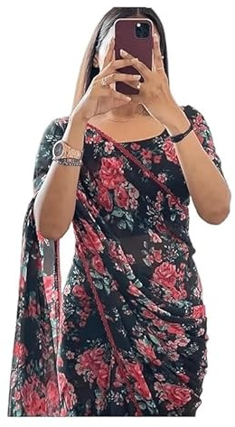 Accessorize Kingdom Women's Georgette Printed Ready To Wear one Minute Saree With Unstitched Blouse Piece
