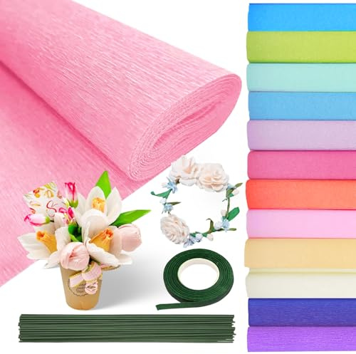 12 Rolls 25x250cm Crepe Paper Roll Crepe Paper for Flower Making with Floral Tape and Iron Wiree for DIY Flowers Crafts Festivals Party Supplies (12 Colours) 12pcs krepppapier