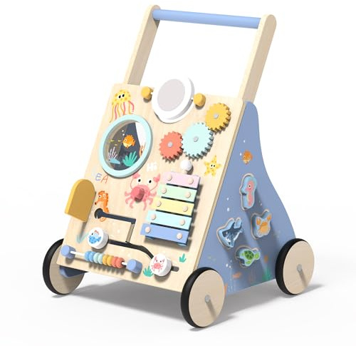 Lauflernwagen Holz, Ozean Baby Lauflernhilfe mit Multifunktional Montessori Spielzeug, Holzspielzeug Baby mit Rädern und Stauraum, Baby Walker Geschenk für Jungen und Mädchen