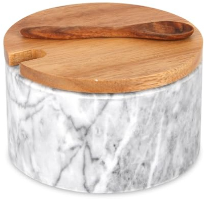 TABHOUKIT Salero Mármol con Tapa y Cuchara Madera, Tazón Gris Claro | Caja de Sal y Pimentero de Piedra Cocina Contenedor para Especias, Azúcar, Chile, Bote para Sal