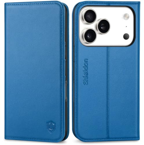 SHIELDON Rindsleder Hülle für iPhone 17 Pro 6,3 5G 2025, Saphirblau | Schutzhülle, Klappbar Case, Kartenschlitz, Ständer, RFID-Blocker, Handy-Ösen, Magnetische Handyhülle, Handytasche