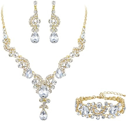 EVER FAITH® Ensemble de bijoux en cristal Art Déco pour mariage, collier, boucles d'oreilles et bracelet avec fleurs et gouttes lacrymales, Groß, cristal