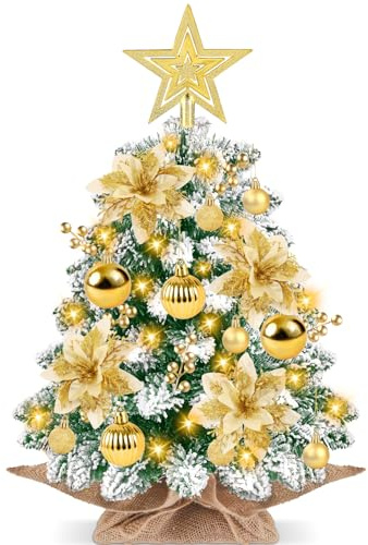 DIYDEC 60 cm Weihnachtsbaum, 24 Mini Goldene Künstlicher Weihnachtsbaum mit Glitter Weihnachten Blumen Klein DIY Weihnachtsbaum für Tischdeko Schaufenster Weihnachten Deko