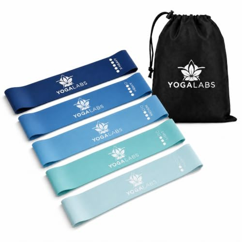 YOGALABS - Lot de 5 bandes de résistance en latex 100 % naturel en 5 épaisseurs - Bandes de résistance et sac - Bande de gymnastique pour le renforcement musculaire, le Pilates, le yoga et le fitness