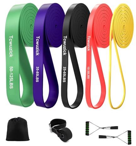 Tcwuzick Lot de Bandes de résistance à 5 Niveaux pour Homme et Femme, Bandes d'assistance à la Traction avec ancrage de Porte, poignées, Bandes d'entraînement (Rouge + Noir + Violet + Vert + Jaune)