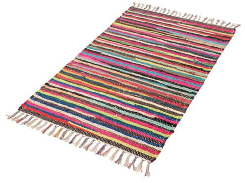 Handmade Cotton Chindi Rug, Multicoloured Striped Pattern, Decorative Area Rug for Living Room and Bedroom (50x80 cm)
