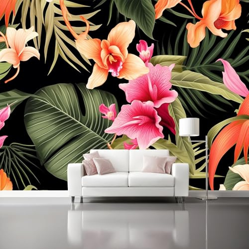 Murales de Pared Vintage Plantas Tropicales Hojas de Palma Flores - Papel Pintado No Tejido, Impermeable y Transpirable - Decoración de Pared para Salón, Dormitorio, Oficina - Vistoso, 200 x 140 cm