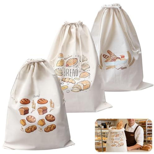 Lot de 3 Sac à Pain en Pur Coton (30x40cm), Sac à Pain Réutilisable avec Cordon de Serrage et Motif Imprimé, Sac de Conservation Respirant pour Pain Maison, Boule et Légumes