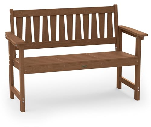 MXIMU Gartenbank für 2-Sitzer Gartenbank wetterfest: Sitzbank Outdoor | Gartenbank wetterfest HIPS-Kunststoff für Terrasse, langlebige Bank komfortable Parkbank, für draußen/Garten/Park, teakholz
