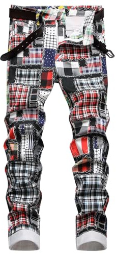 Stretch slim fit jeans män – tryckta jeans för män grafiska lapptäcksbyxor vardag raka ben denim hiphop punk streetwear bekväma smala byxor mode mångsidiga byxor, Svart, L