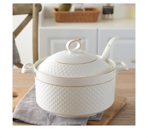 Soupière à soupe en porcelaine avec couvercle et cuillère, bol de service à double poignée, passe au micro-ondes et au lave-vaisselle, pour service de cuisine, design bord doré