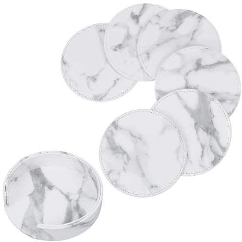 CALFOVERA 6 sottobicchiere Antiscivolo in Pelle PU Effetto Marmo Bianco per Bevande, Rotondo, da 10cm, con Base Isolante Termica, Protezione Anti-Goccia, Fatto A Mano, per Tazze di Vetro, Bar di Ca