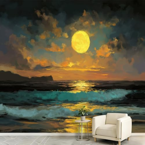 Carta da parati fotografica effetto 3D con oceano, luna, nuvole, onde, per corridoi, scrivanie e piccoli angoli, poster da parete in tessuto non tessuto, 150 x 105 cm, acquerello paesaggio