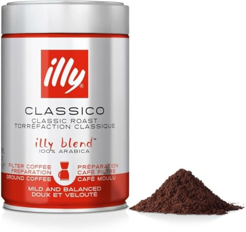 illy, Caffè Macinato per Americano Tostato CLASSICO, 100% Arabica con Note di Fiori d'Arancio e Gelsomino, Gusto Morbido e Retrogusto Dolce, Confezione da 250g