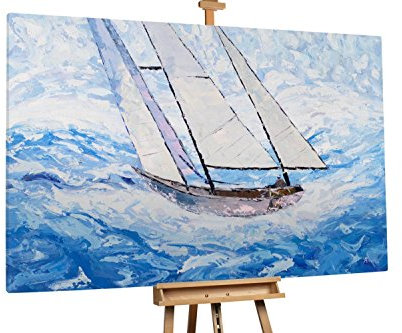 KunstLoft® XXL Gemälde 'Rauschen der See' 180x120cm | original handgemalte Bilder | Modern Boot Meer Blau | Leinwand-Bild Ölgemälde einteilig groß | Modernes Kunst Ölbild