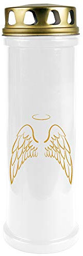 HScandle Lanterne funéraire (blanche) - Durée de combustion : environ 100 h de combustion - Brûleur de 4 jours (couvercle et impression doré) - Motif : ailes d'ange - Dans de nombreuses variantes