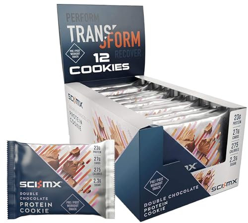 SCI-MX High Protein Double Chocolate Cookie Box - 23g protein, 2.3g sugar + 265 calories per cookie - Pack of 12 x 75 g - Low Sugar - Pre / Post Workout Snack - Suitable for Vegetarians