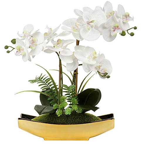 Briful 15 Artificial Phalaenopsis Flowers Arrangement Artificial Orchid Bonsai in Gold Pot Fake Flowers Silk Orchid Flower for Table Centerpieces Living Room Home Décor