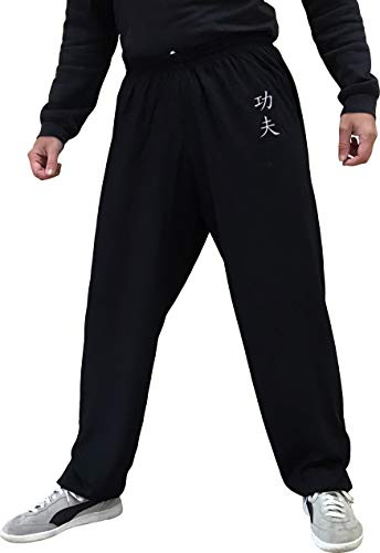Pantalones de Kung Fu Tai Chi y Wing Chun Pantalones para Hombre y Mujer Amplio y Agradable en Viscosa (S, Color KF Negro)
