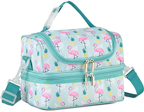 VASCHY Isolerad lunchväska för barn, bärbar lunchväska med separata fack, återanvändbar, lunchhandväska med justerbar axelrem för skola och picknick, flamingo