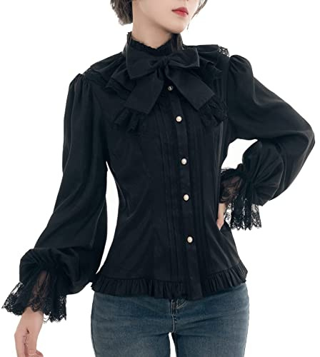 Fiamll Camicetta da donna vittoriana vintage con fiocco, colletto alto con volant a maniche lunghe, Schwarz#3, M