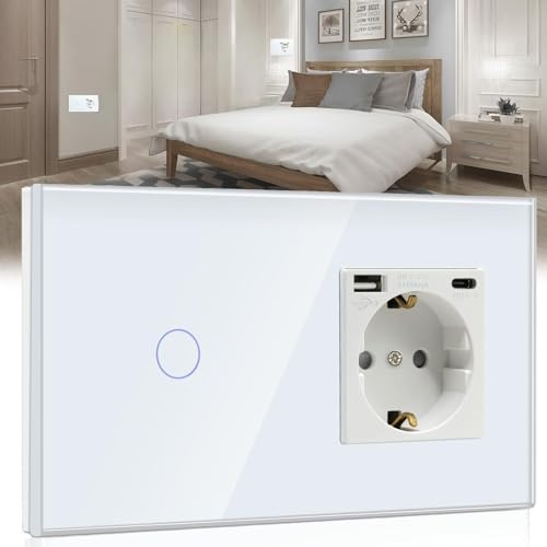 BSEED Interruptor con Enchufe USB,Schuko Enchufe con 1 Puerto Tipo C y 1 Puertos USB,1 Gang 2 Vías Interruptor de Luz con indicador LED,Blanco enchufes de extensión para Smartphone,Tableta,auriculares