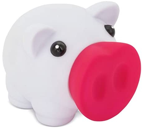 Sparschwein mit weichem Gummi-Körper in lebendigen Farben. Originelle kleine Kinder-Spardosen mit Stöpsel. Leichte und robuste Reise-Spardose. (Weiß-Fuchsia)