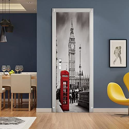 A.Monamour Türtapete Selbstklebend Türfolie Türposter 3D Rote Telefonzelle Und Big Ben In London Schwarz Und Weiß Vinyl Folie Türdeko Tapete Wandbild Türaufkleber Türtattoo 90x200cm