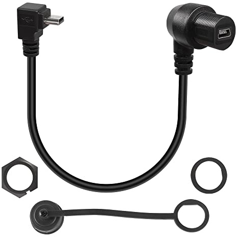 QIANRENON 90 Degree Angle Mini USB Round Recessed Waterproof Extension Cable Mini USB 5 Pin Right Angle Male to Female Panel Mount Cable, Threaded to Dashboard or Panel,28cm/11in (up Bend Male)