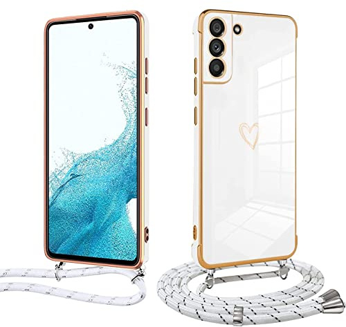 Handyhülle mit Band für Samsung Galaxy S23, Handykette Weich TPU Silikon Schutzhülle Kameraschutz Kratzfest Stoßfest Dünn Case Cover, Electroplated Cute Herz Mädchen Hülle,weiß