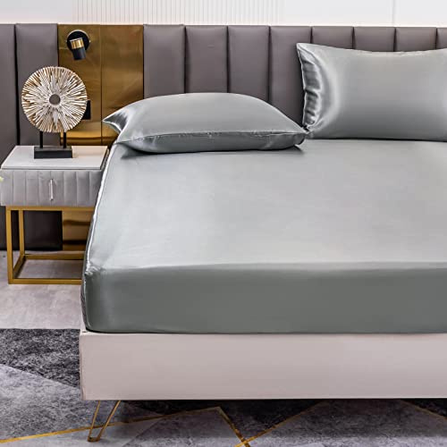 Satin Spannbettlaken Einfarbig 180x200 cm für Matratzen bis 30cm, Betttuch Leintuch Weiche Polyester-Satin Spannbetttuch Bettlaken Dunkelgrau