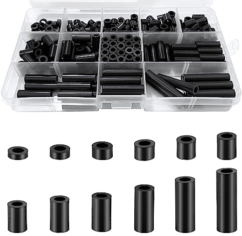 KWOKWEI 250 Stück Runde Abstandshalter, Kunststoff Distanzhülsen ID 4MM OD 7MM, Schwarz Nylon Unterlegscheiben ohne Gewinde, 3mm bis 12mm Länge Isolierung Beilagscheiben für Schrauben M4