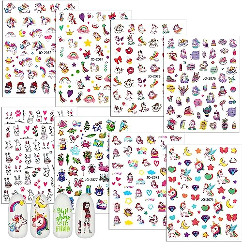 JSRQT 8 Blatt Einhorn Nagelaufkleber Abziehbilder,3D Nail Art Stickers Abziehbilder Set,Selbstklebend Nagelsticker für DIY Nagel Kunst Dekoration