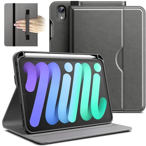 JETech Hülle für iPad mini (A17 Pro, 2024 Modell, 7. Generation) / mini 6 (Modell 2021, 6. Generation), PU Leder Folio Schützende Tablet Cover Schutzhülle mit Stifthalter (Space Grau)
