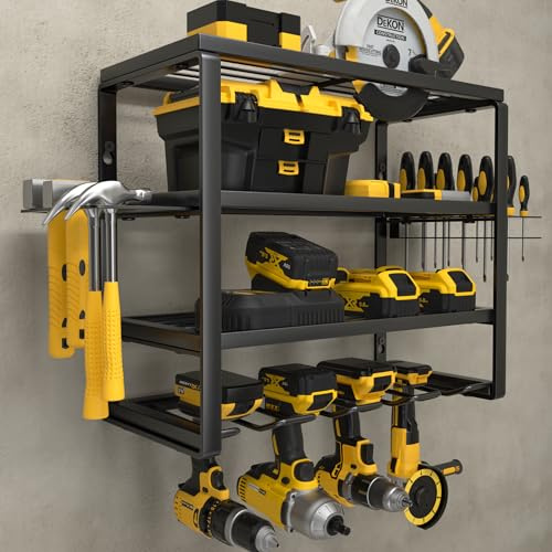 YYR 4 Tier Wall Mounted Power Tool Rack Cordless Storage Battery Tool Storage with Charging Station Garage Workshop Organization Pegboard 16 Inch 4 Slots