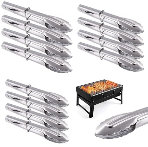 LDHHYH 12 Pack Serving Tongs for Buffet, 9/12/14 Inch Kitchen Cooking Tongs Stainless Steel Small Food Serving Tongs Frying Tongs Salad Tongs for Salad, BBQ, Buffet, Cake and Outdoor Grilling