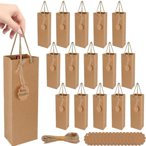 Geschenktüten für Wein, 15 er Kraftpapier Wein Geschenktüten, Weinbeutel mit Karte Hanfseil, Geschenktaschen für Flaschen mit Griff, Flaschenverpackung für Champagner Weihnachten Hochzeit Geburtstag
