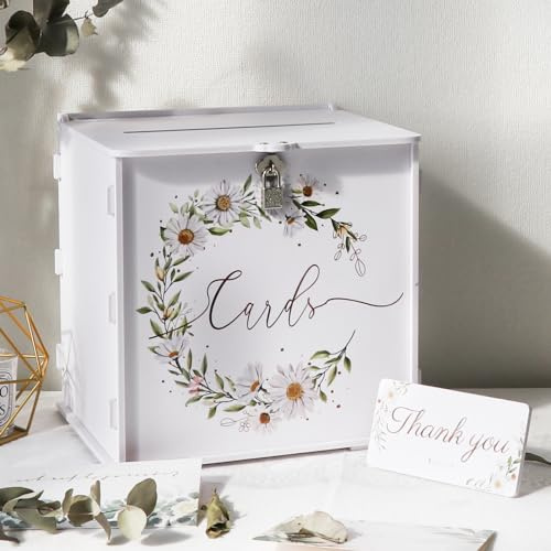 GUDELAK White Wedding Card Box, PVC Wedding Post Box for Cards Letters Gift | Locable Card Box Wedding, Daisy Wedding Cards Box with Thank You Sign, Personalised Gift Box for Baby Shower Birthday Party